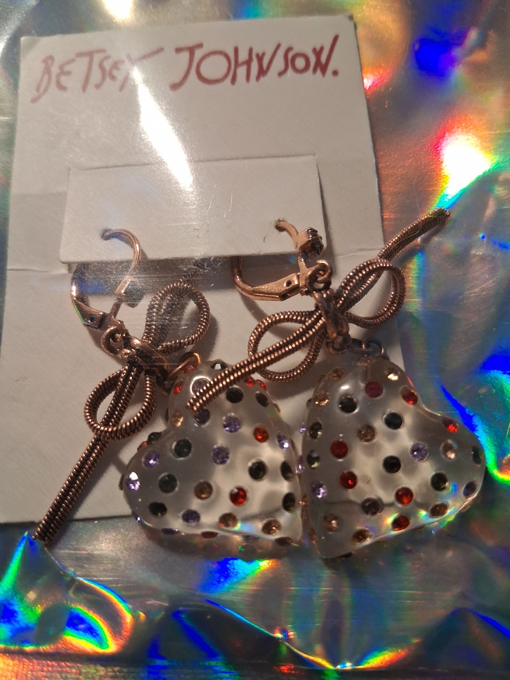 Betsey Johnson Multicolor Rhinestone Heart Drop Earrings - Gold Tone